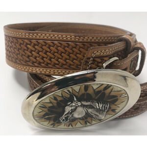 Leegin Silver Creek Mens Horse Buckle Belt Brown Basket‎ Weave Leather
